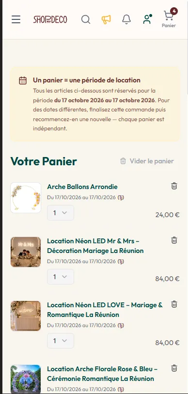 Panier Shop My Deco sur smartphone avec une période de location et des références de décoration de mariage : arche, néons et arche florale