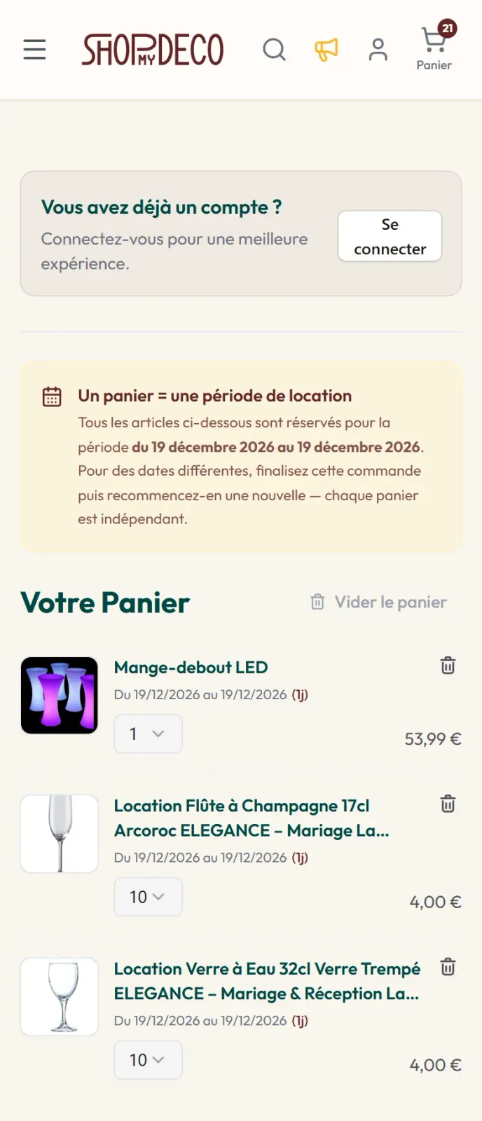 Panier Shop My Deco sur smartphone pour une journée de location : un mange-debout LED, des flûtes à champagne et des verres à eau