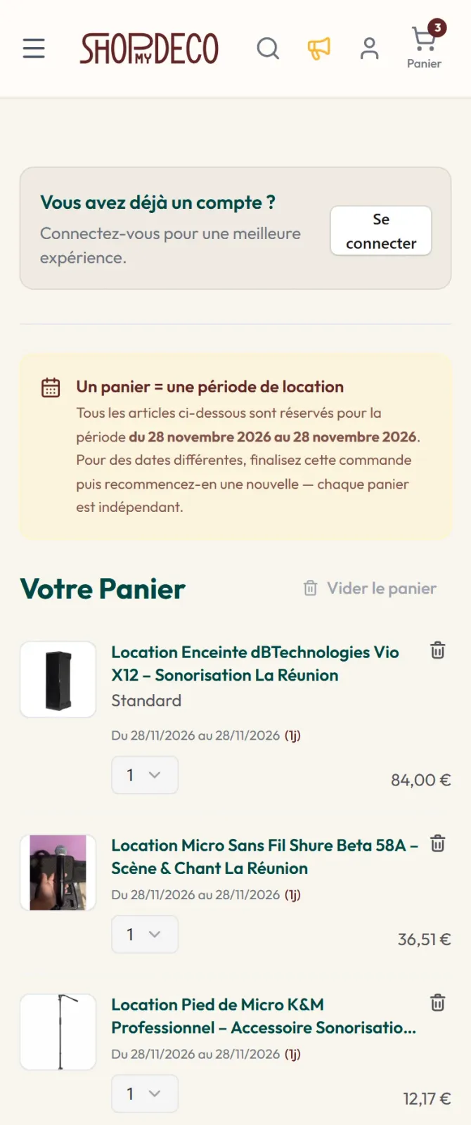 Panier Shop My Deco sur smartphone pour une journée de location : un pied de micro, un micro sans fil et une enceinte