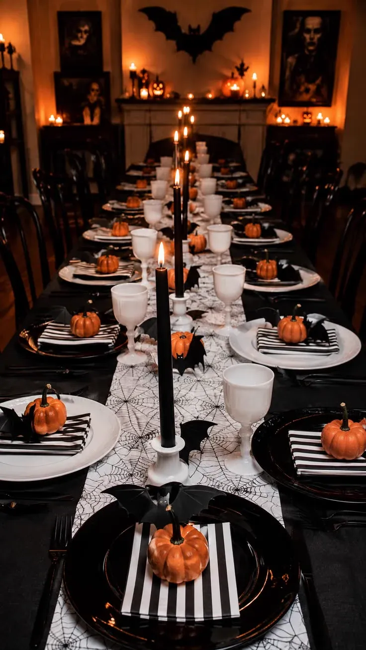 Longue table de soirée Halloween dressée en noir et orange, avec chemin de table en toile d'araignée, petites citrouilles, chauves-souris en papier et bougies noires