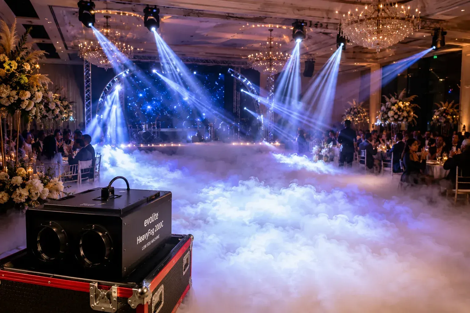 Machine à fumée lourde posée sur son flight case, avec un épais brouillard qui s'étale au sol d'une salle de réception éclairée par des projecteurs