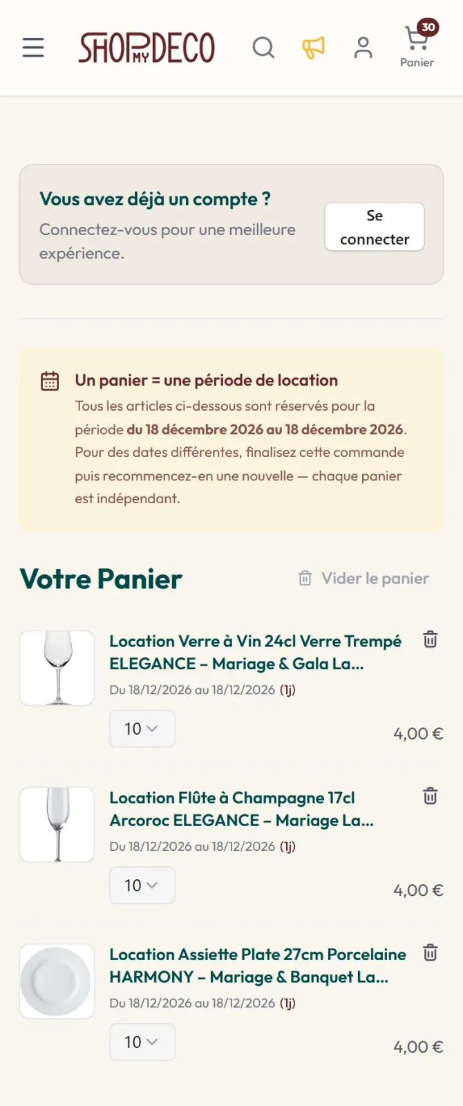 Panier Shop My Deco sur smartphone pour une journée de location : des verres à vin, des flûtes à champagne et des assiettes plates, dix de chaque