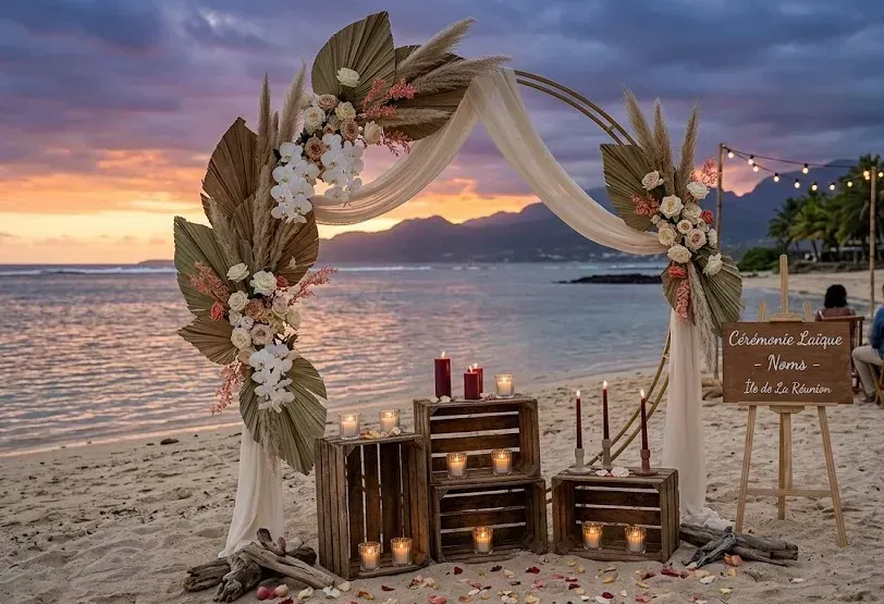 Arche ronde en métal doré habillée de voilage, de fleurs et de palmes, installée sur une plage de La Réunion au coucher du soleil