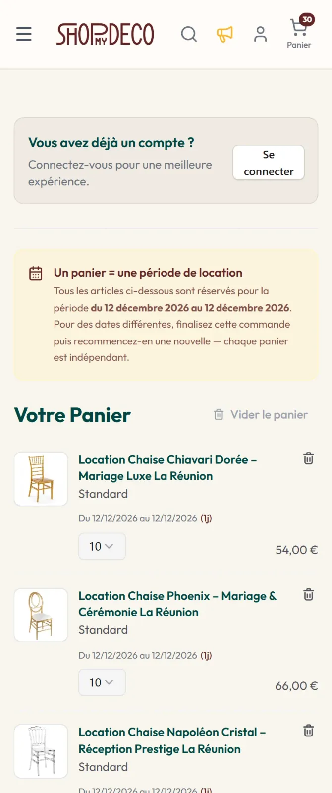 Panier Shop My Deco sur smartphone pour une journée de location : des chaises de mariage Chiavari dorée, Phoenix et Napoléon cristal, dix de chaque
