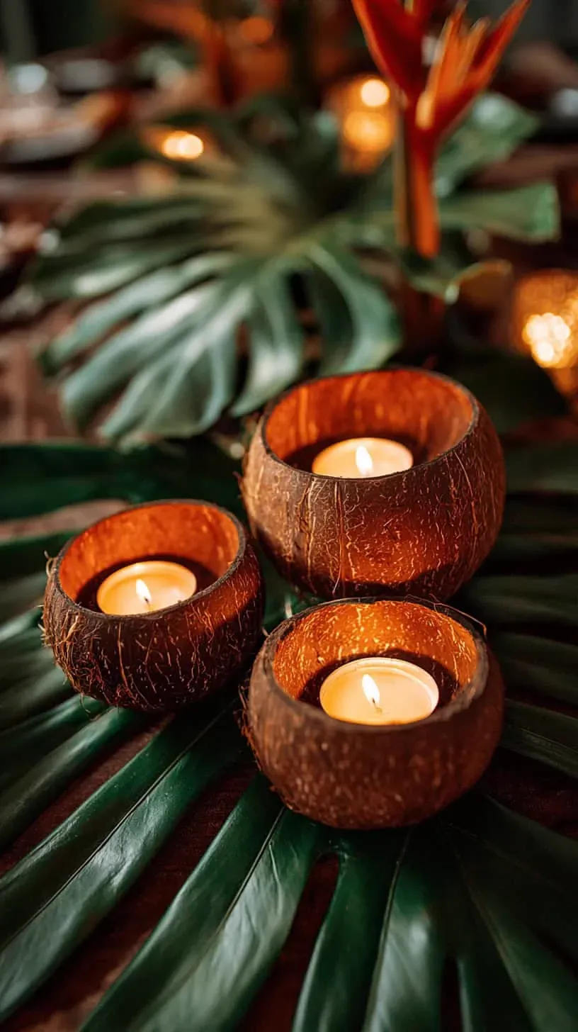 Table décorée de feuilles tropicales et de bougies dans des noix de coco