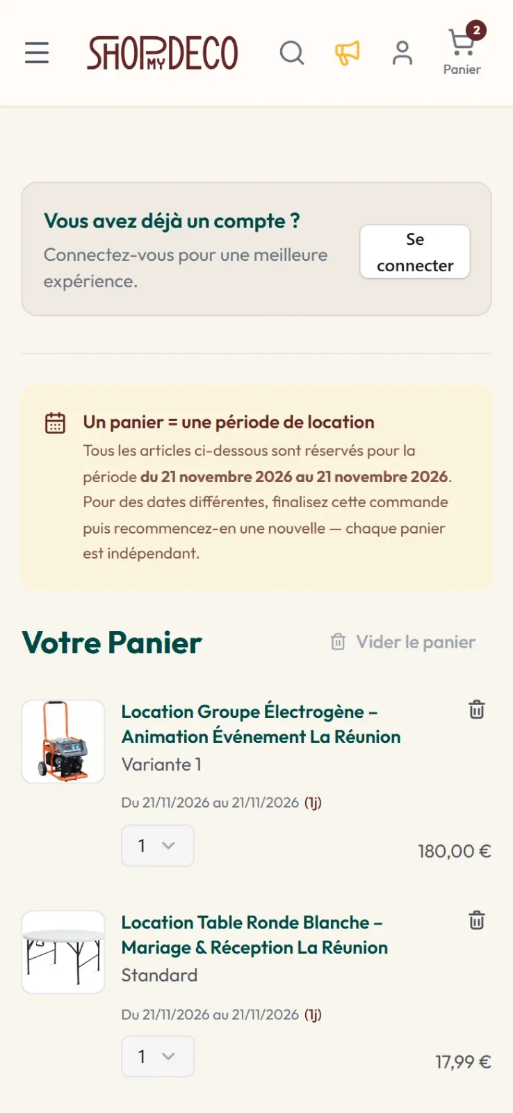 Panier Shop My Deco sur smartphone : une même période de location pour tous les articles, un groupe électrogène et une table ronde blanche avec leurs dates et leurs quantités