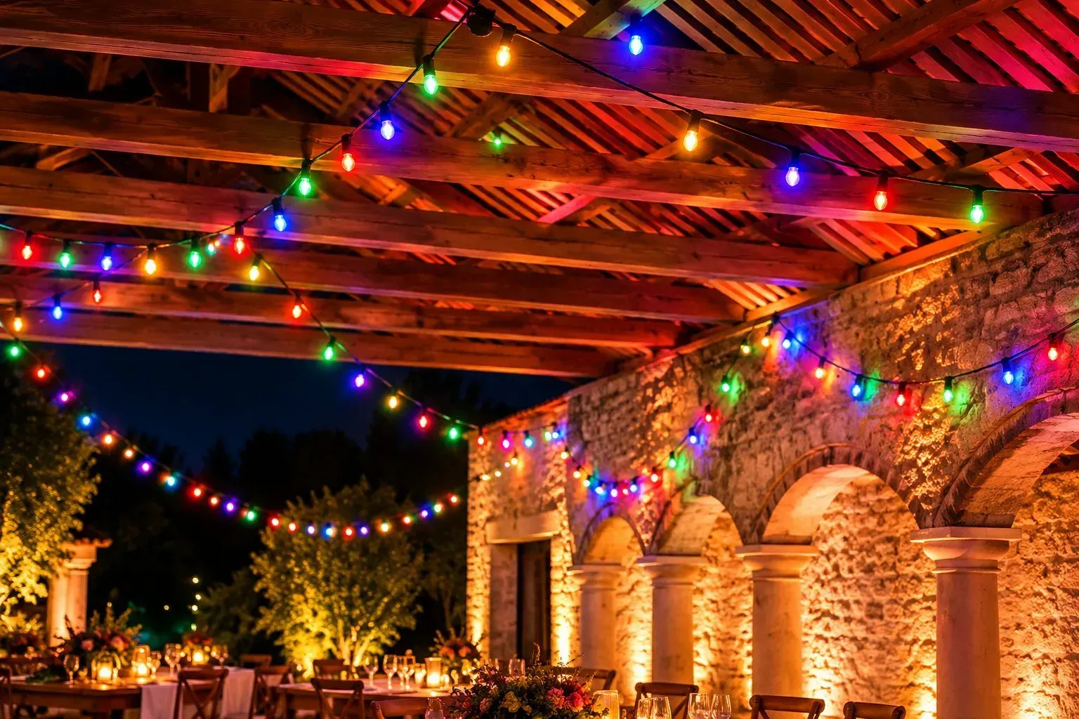 Guirlandes lumineuses multicolores tendues sous une charpente en bois, devant un mur de pierre, en soirée