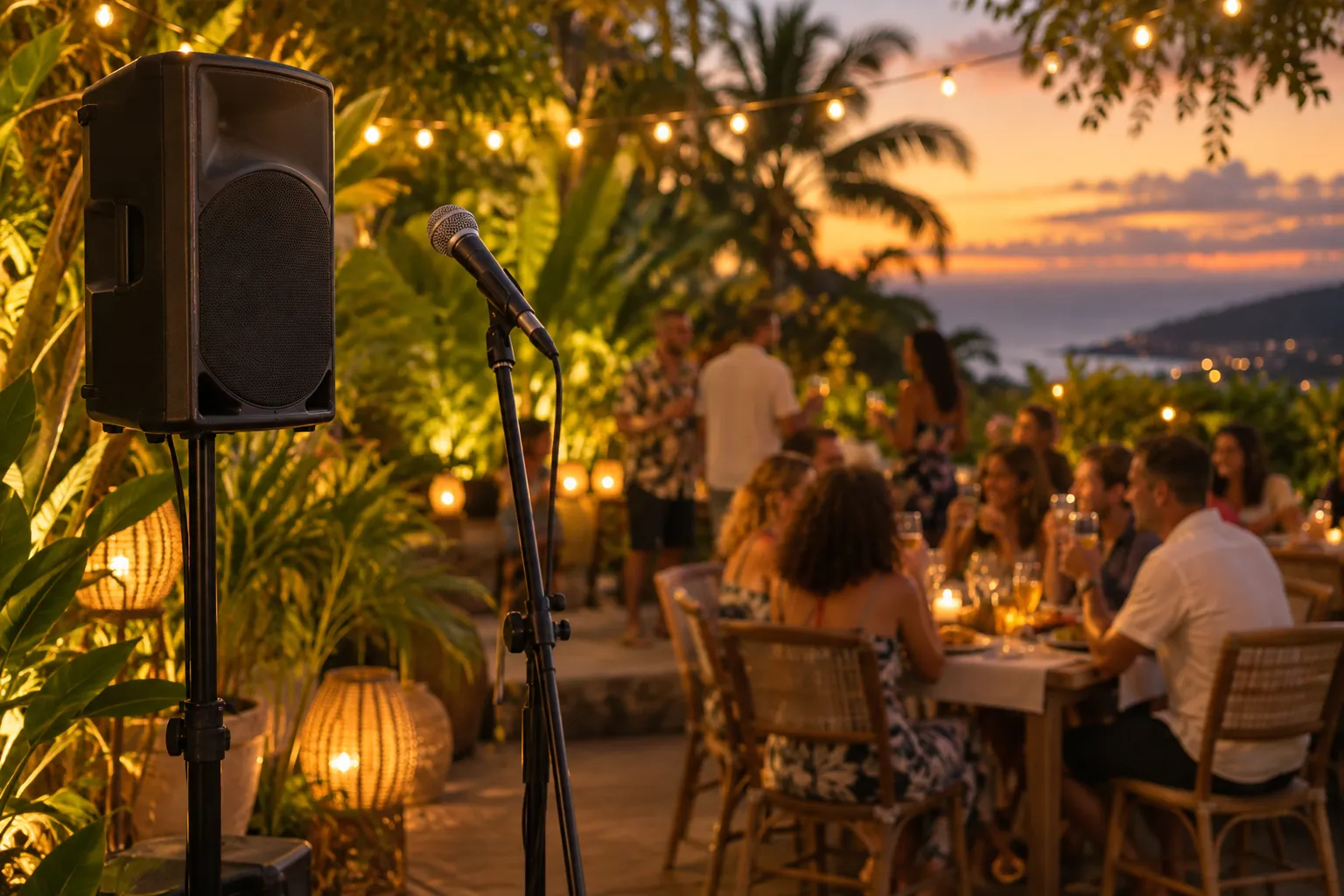 Illustration d'une soirée sur une terrasse de jardin tropical au coucher du soleil, avec un micro sur pied et une enceinte au premier plan, et des invités attablés qui trinquent