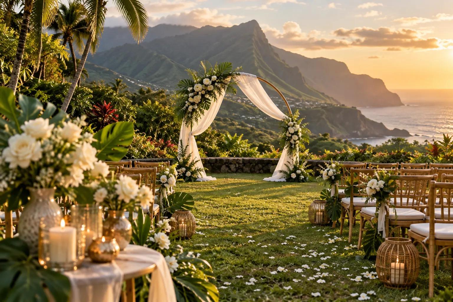 Illustration générée par IA d'une cérémonie de mariage dans un jardin tropical au coucher du soleil : arche ronde dorée habillée de voilage et de fleurs blanches, rangées de chaises en bois, vases et bougies