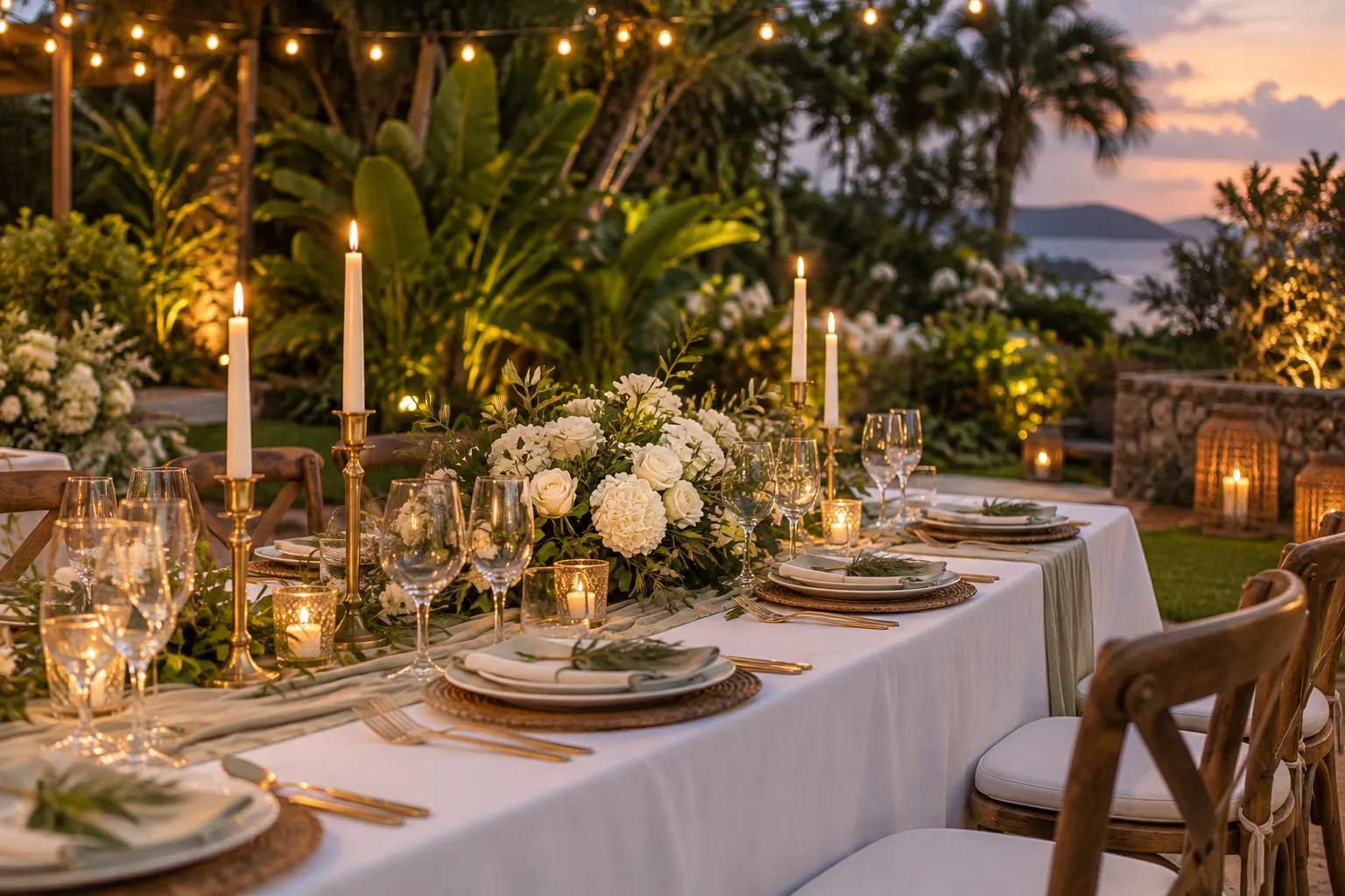 Illustration générée par IA d'une table de mariage dressée en extérieur au crépuscule : nappe blanche, chemin de table vert sauge, assiettes, verres, bougeoirs dorés et centre de table de fleurs blanches